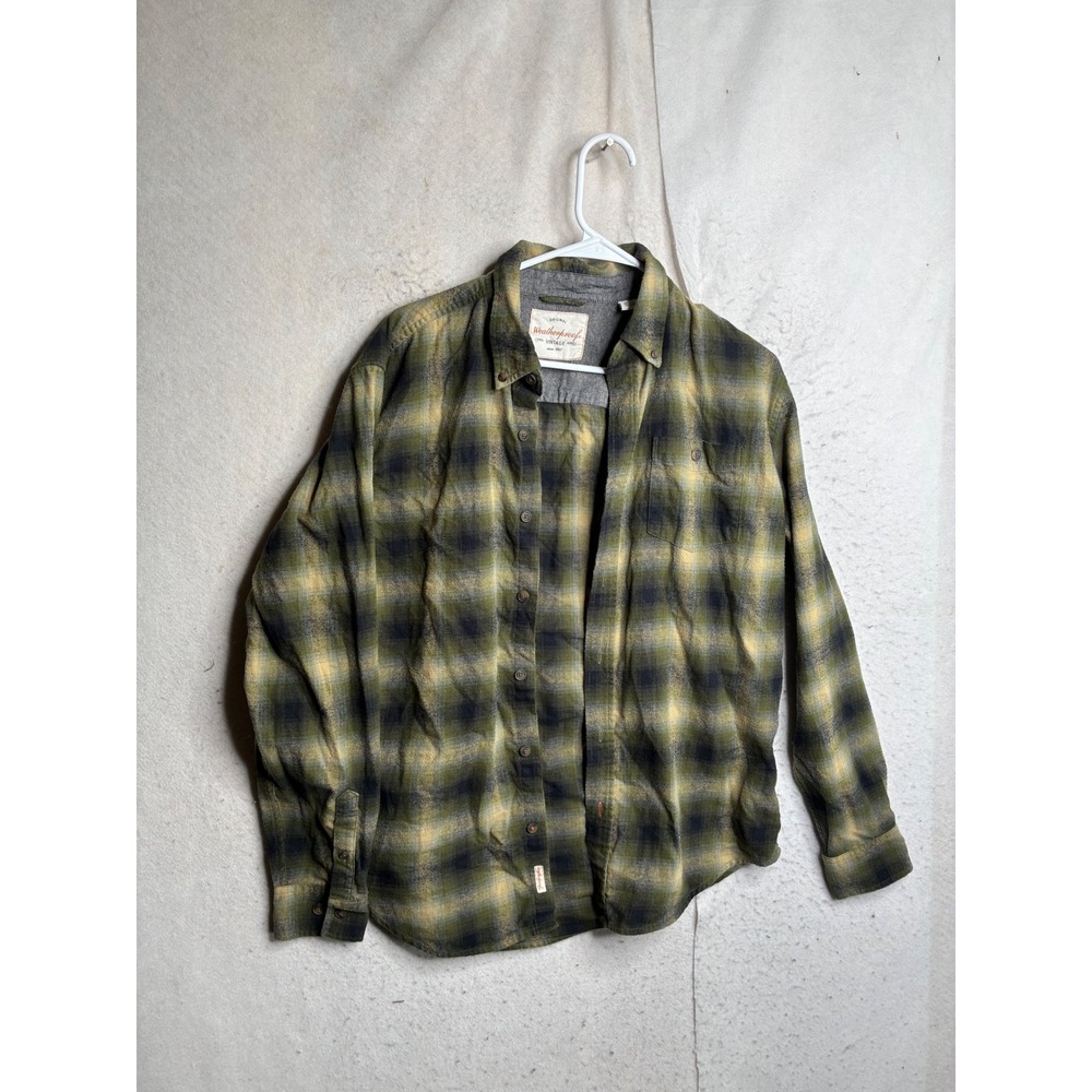 Weatherproof Vintage Mens Green Yellow Plaid Flannel Button Down Shirt Medium